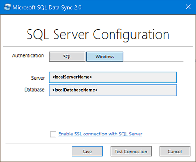 Schermopname van de microsoft SQL Data Sync 2.0-clientagent-app. Een SQL Server-database toevoegen en configureren.