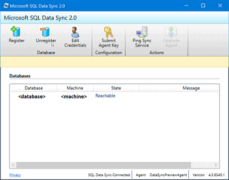 Schermopname van de Microsoft SQL Data Sync 2.0-toepassing die laat zien dat de SQL Server-database en -machine nu zijn geregistreerd.