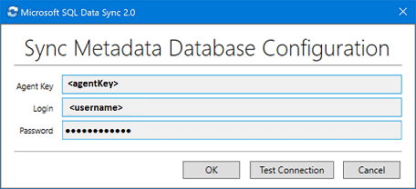 Schermopname van de microsoft SQL Data Sync 2.0-clientagent-app. Voer de agentsleutel en serverreferenties in.