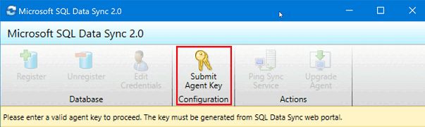 Schermopname van de microsoft SQL Data Sync 2.0-clientagent-app. De knop Agentsleutel verzenden is gemarkeerd.