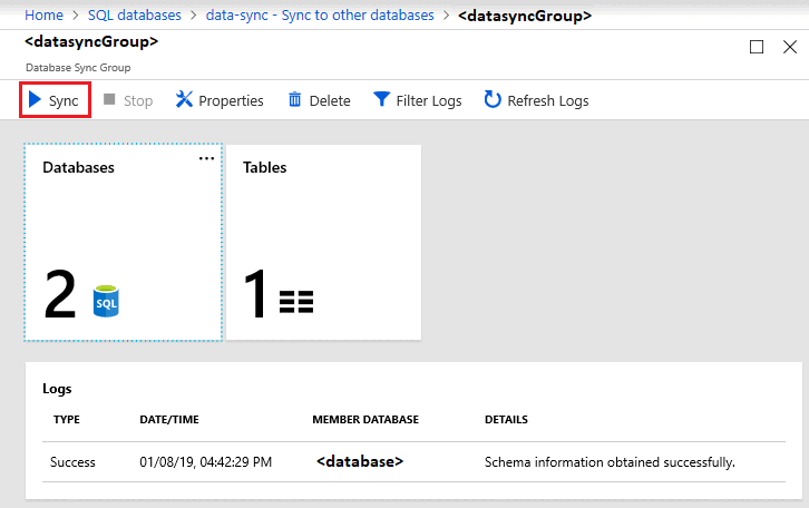 Schermopname van Azure Portal met de knop handmatig synchroniseren voor een databasesynchronisatiegroep.