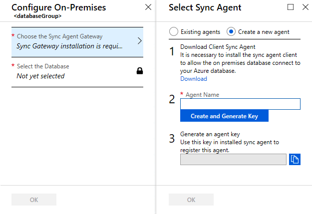 Schermopname van Azure Portal in de stappen On-Premises configureren. Wanneer de optie De synchronisatieagentgateway kiezen is geselecteerd, wordt de pagina Synchronisatieagent selecteren weergegeven.