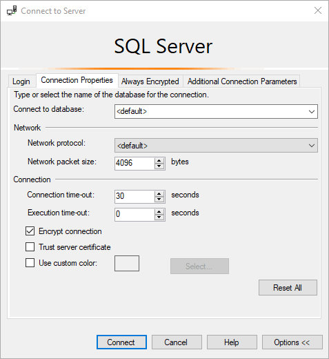 Schermopname van het dialoogvenster Verbinding maken in SSMS, met het tabblad Verbindingseigenschappen.