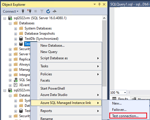 Schermopname van objectverkenner in SSMS, met testverbinding geselecteerd in het snelmenu van de databasekoppeling.