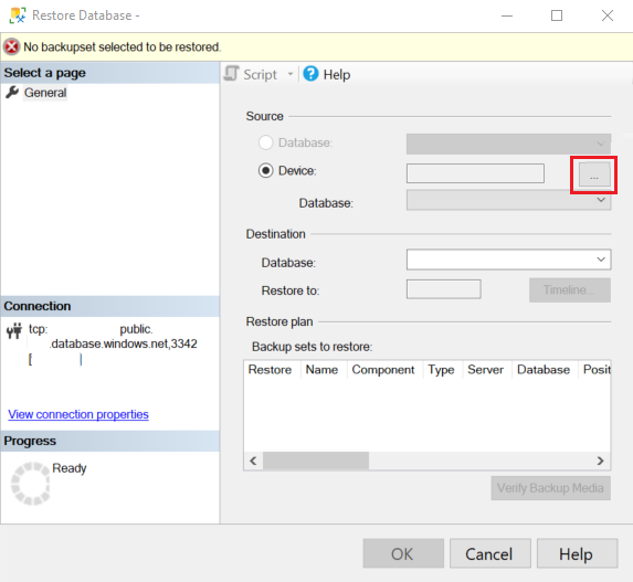 Schermopname van een pagina in de wizard **Herstellen**. In de sectie Bron wordt Apparaat geselecteerd en wordt het beletselteken uitgelicht.