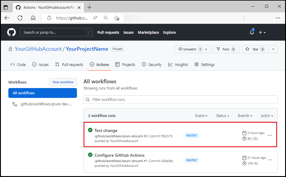 Schermopname van GitHub werkstroom die wordt uitgevoerd na testupdate.