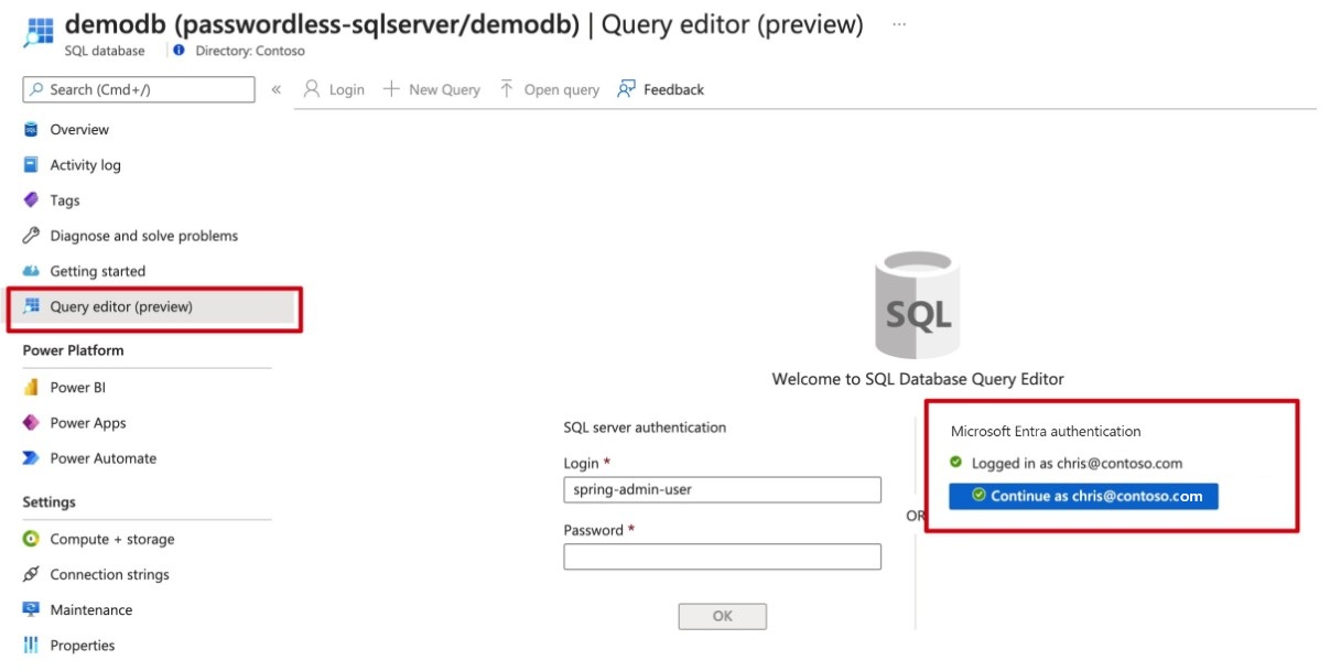 Schermopname van Azure Portal met de SQL Database-query-editor.