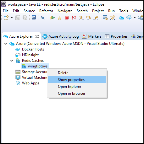 contextmenu van Azure Explorer om eigenschappen voor een redis-cache weer te geven