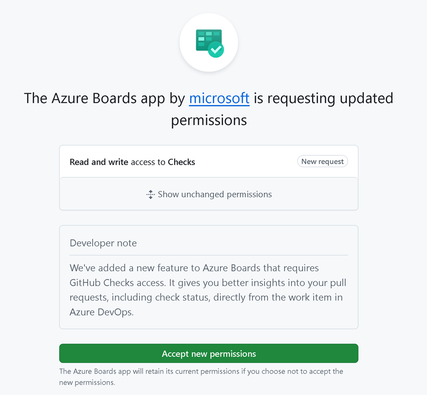 Schermafbeelding van het machtigingendialoogvenster van de Azure Boards GitHub-app met de bijgewerkte Checks-machtigingen.