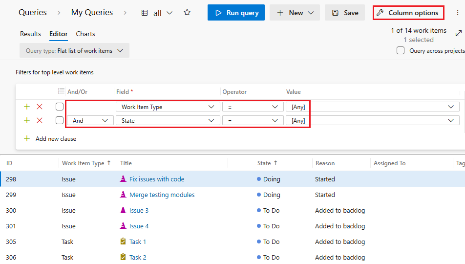 Schermopname van het uitvoeren van query's op alle items.