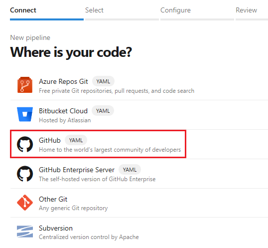 Schermopname van het selecteren van GitHub als de locatie van uw code.