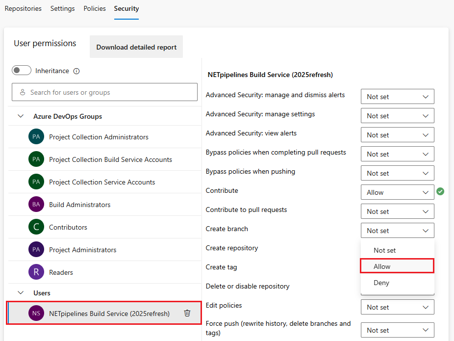 Schermopname van het verlenen van de identiteitsmachtigingen aan opslagplaatsen. 