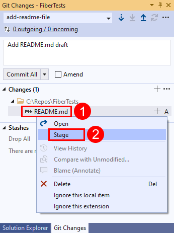 Schermopname van de optie Fase in het venster Git-wijzigingen in Visual Studio 2019.