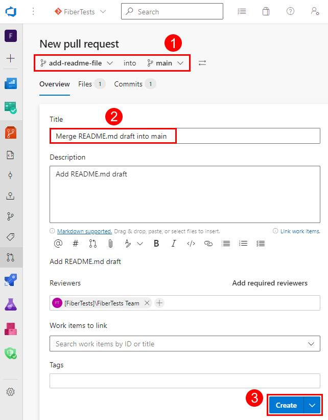 Schermopname van het formulier 'Nieuwe pull request' in de Azure Repos webportal.
