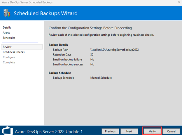 Schermopname toont gemarkeerde knop Verifiëren op het scherm configuratie-instellingen.