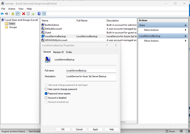Schermopname toont nieuw gemaakte lokale gebruiker en toegang.