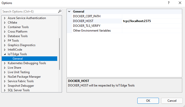 Schermopname van IoT Edge Tools-instellingen