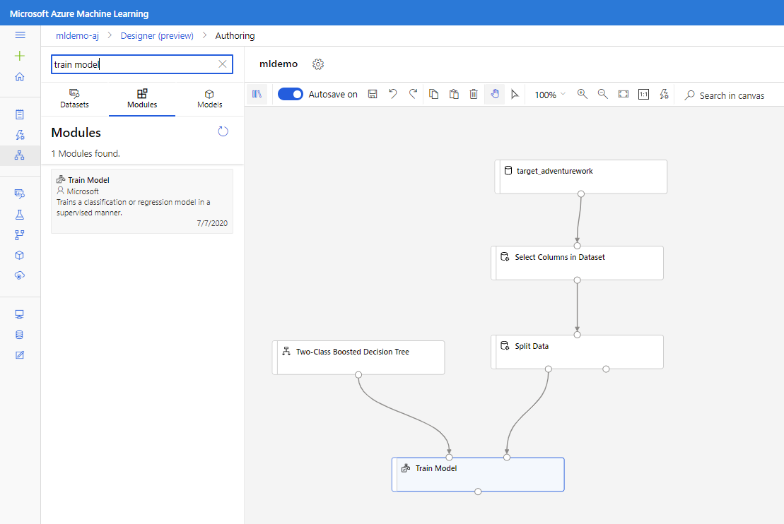 Schermopname van de Train Model-component die is verbonden met Two-Class Boosted Decision Tree- en Split Data-componenten.