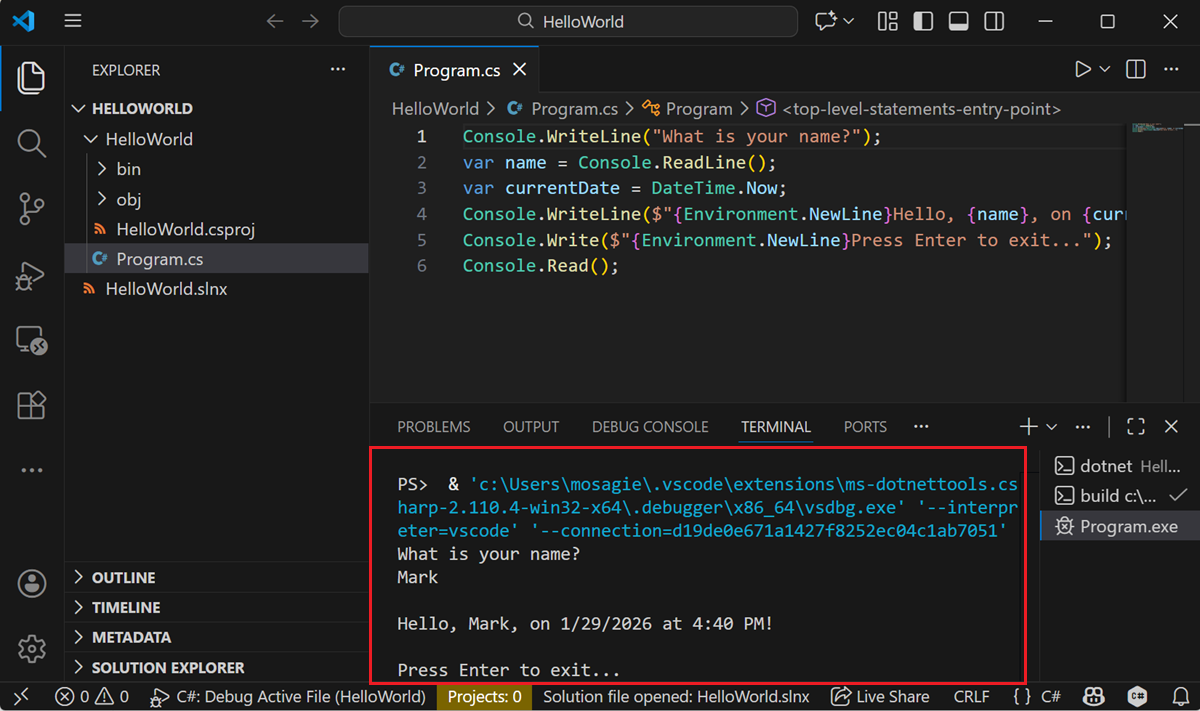 Terminal-venster met gewijzigde programma-uitvoer