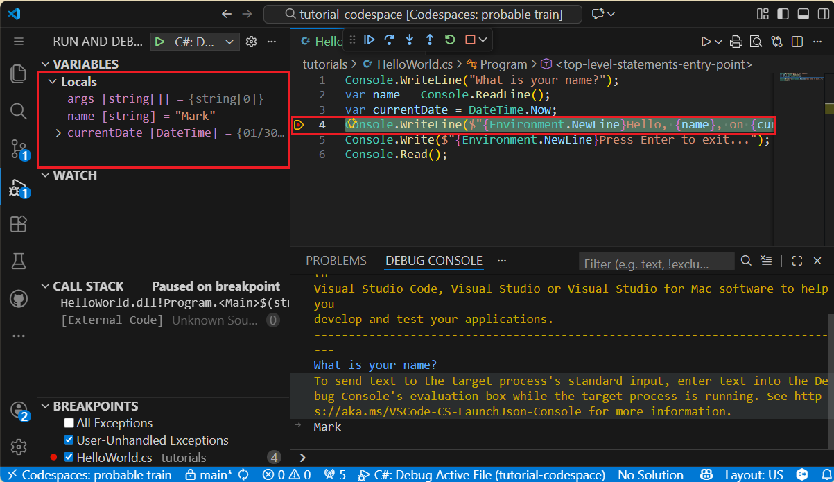 Onderbrekingspunt bereikt, Locals worden weergegeven