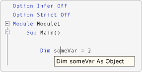 Schermopname van de IntelliSense-weergave wanneer Option Infer is uitgeschakeld.