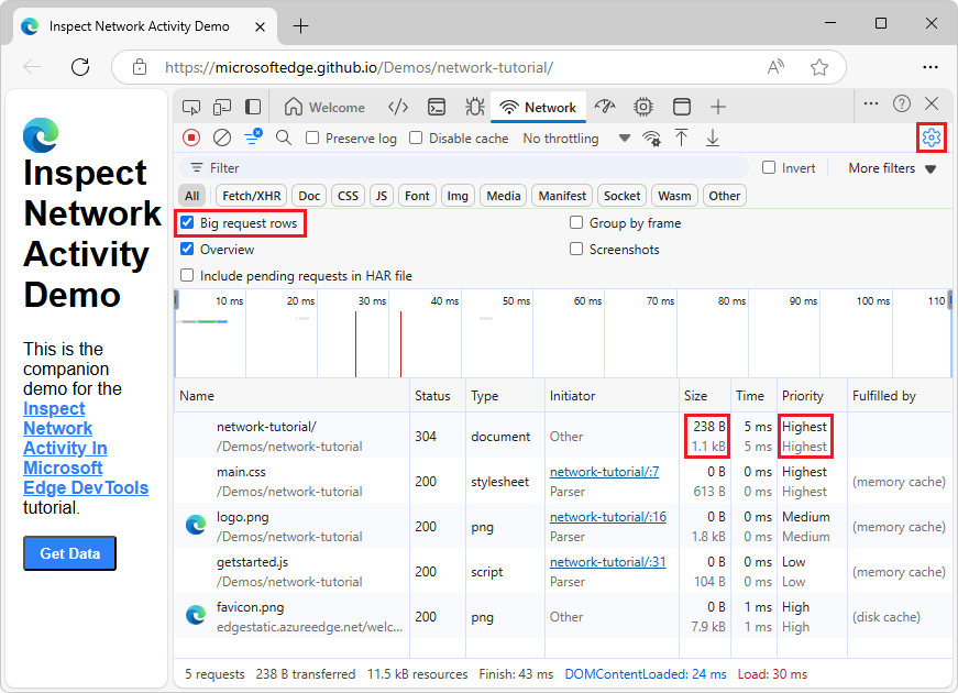 An example of big request rows in the Requests pane