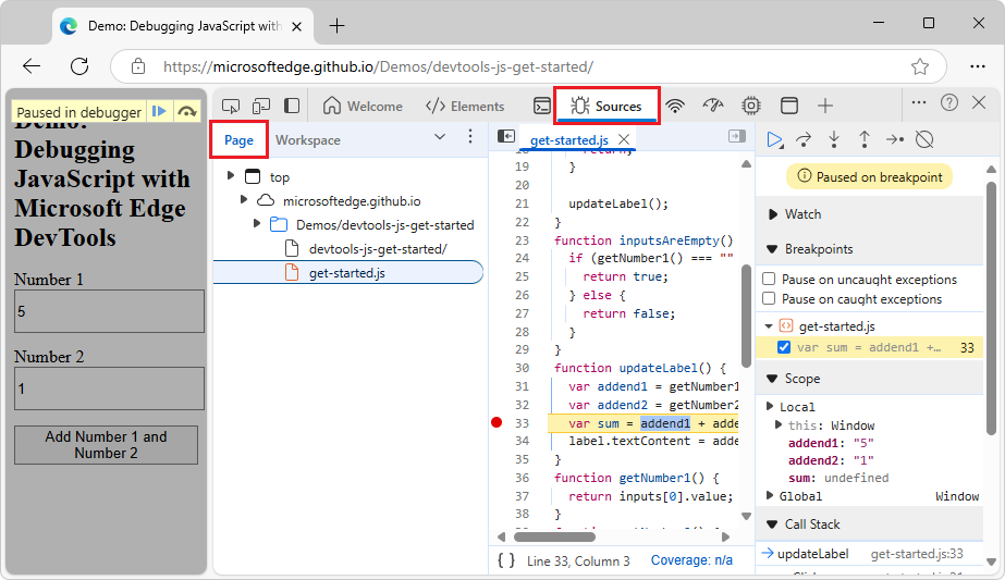 The Page tab in the Navigator pane of the Sources tool
