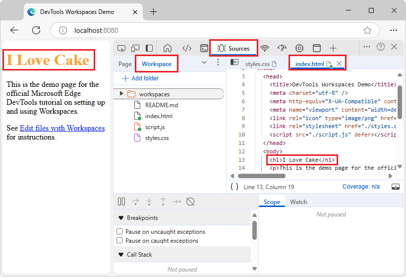 Change HTML from the Sources tool