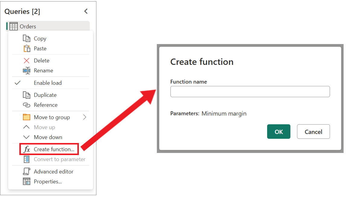 Schermopname van het contextmenu met de optie 'Functie maken' gemarkeerd en het dialoogvenster 'Functie maken'.