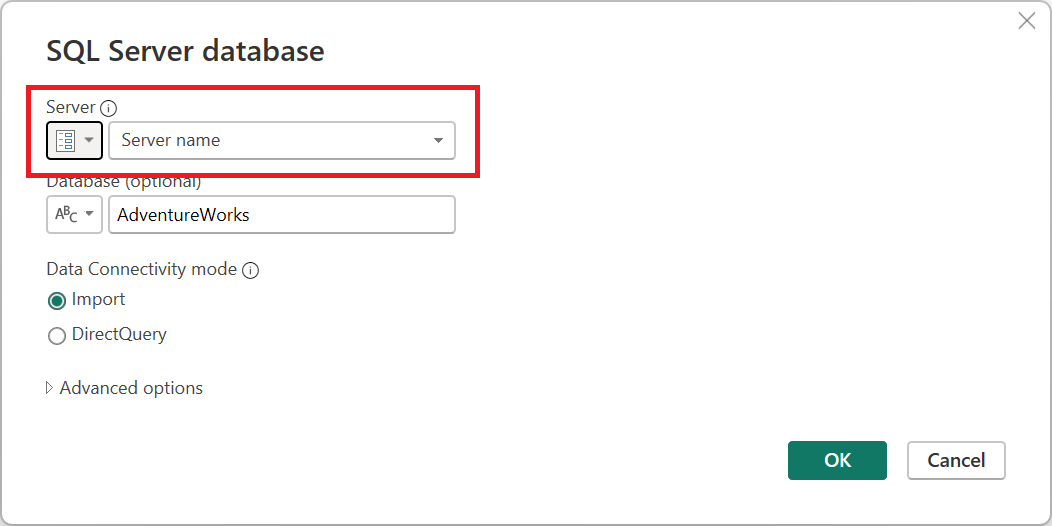 Schermopname van het dialoogvenster SQL Server-database met een parameterset voor servernaam.