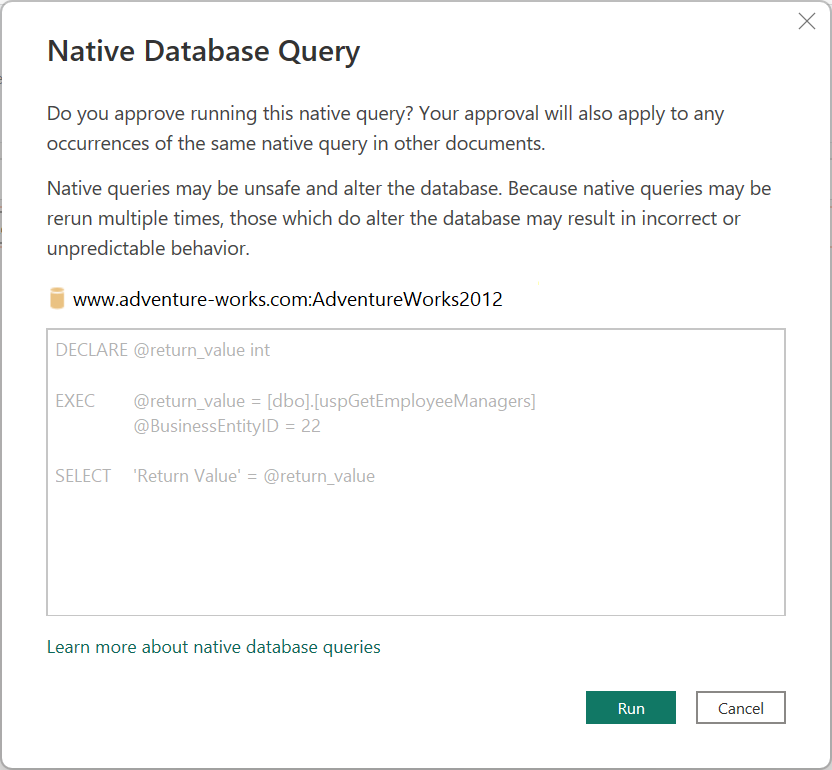 Schermopname van het dialoogvenster systeemeigen databasequery waarin u de systeemeigen query goedkeurt.