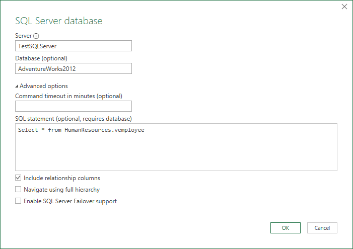 Schermopname van het dialoogvenster SQL Server-database met een systeemeigen databasequery.