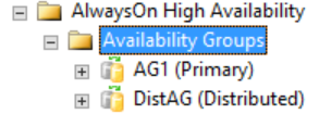 Schermopname van SQL Server Management Studio van de primaire replica op de eerste WSFC van een gedistribueerde beschikbaarheidsgroep.