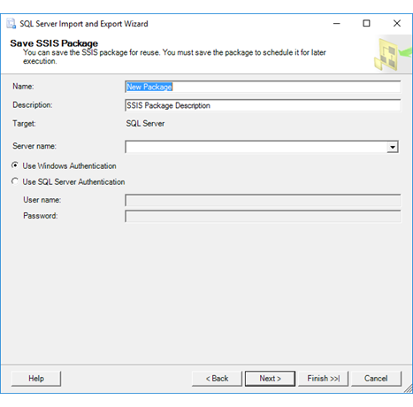 Schermopname van de pagina SSIS-pakket opslaan van de wizard Importeren en exporteren als u de optie SQL Server hebt geselecteerd op de pagina Pakket opslaan en uitvoeren.