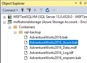 Schermopname van Objectverkenner in SSMS met de back-up van de momentopname in Azure.