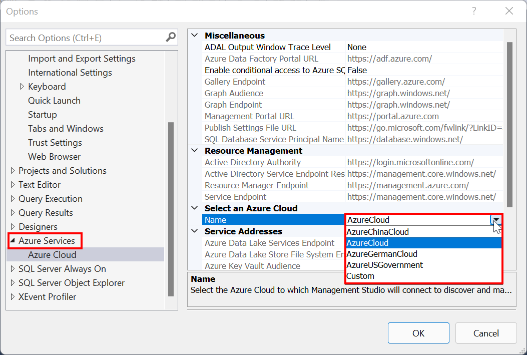Scherm van het selecteren van het type Azure cloud in SSMS