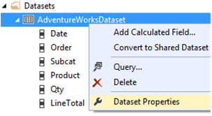 Schermopname van het contextmenu voor AdventureWorksDataset met de optie Eigenschappen van gegevensset gemarkeerd.