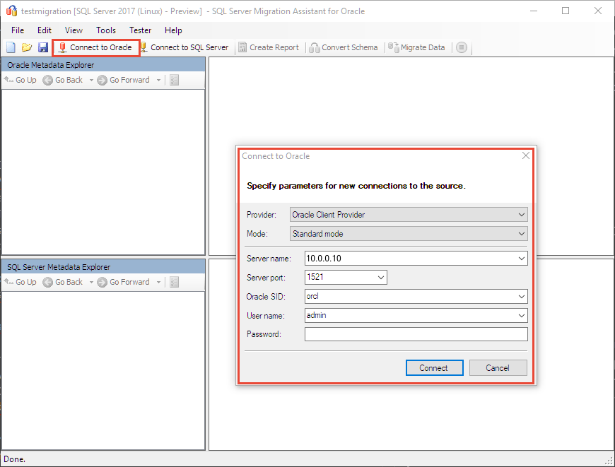 Schermopname die laat zien hoe u verbinding maakt met Oracle.