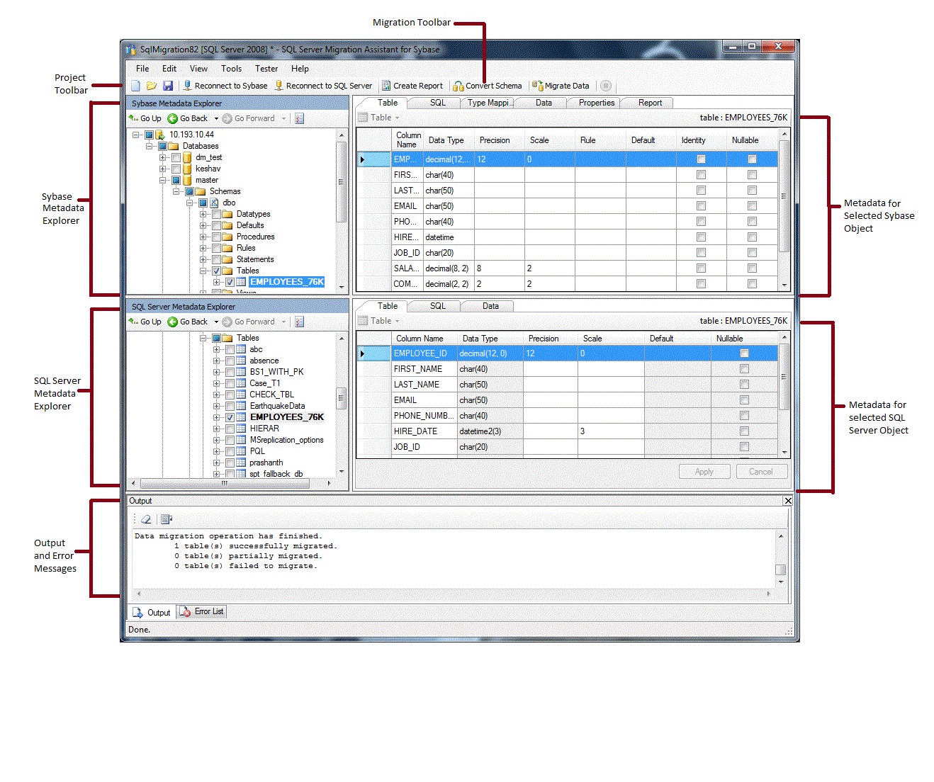SSMA voor SAP ASE Gebruikersinterface