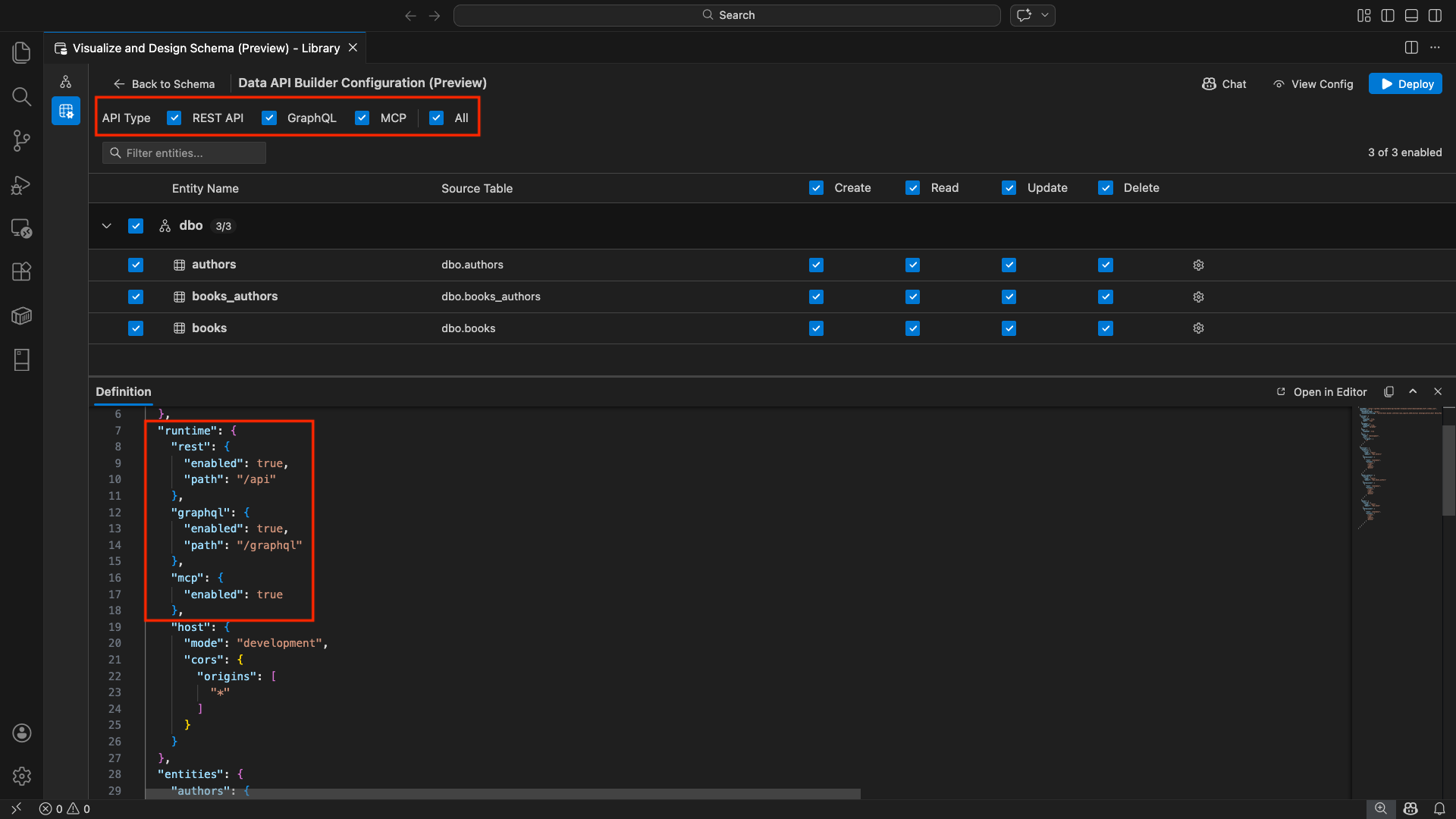 Schermopname van de selectievakjes REST API, GraphQL, MCP en Alle bovenaan de configuratieweergave van de Data API Builder.