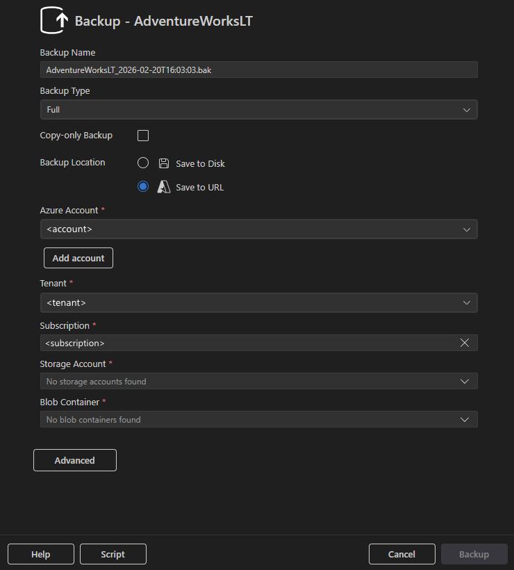 Schermopname van het dialoogvenster Back-up met Opslaan naar URL geselecteerd met Azure-configuratievelden.