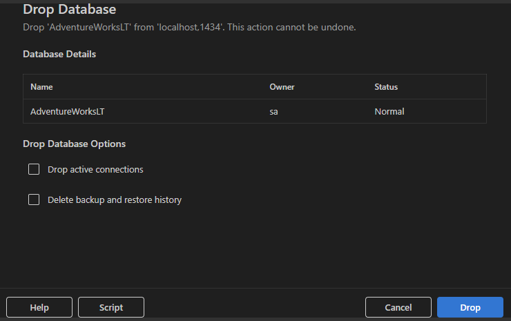 Schermopname van het dialoogvenster Database verwijderen dat databasegegevens en verwijderopties toont.
