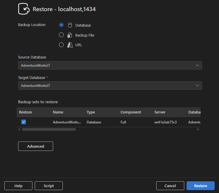 Schermopname van het dialoogvenster Herstellen met de optie Database geselecteerd.