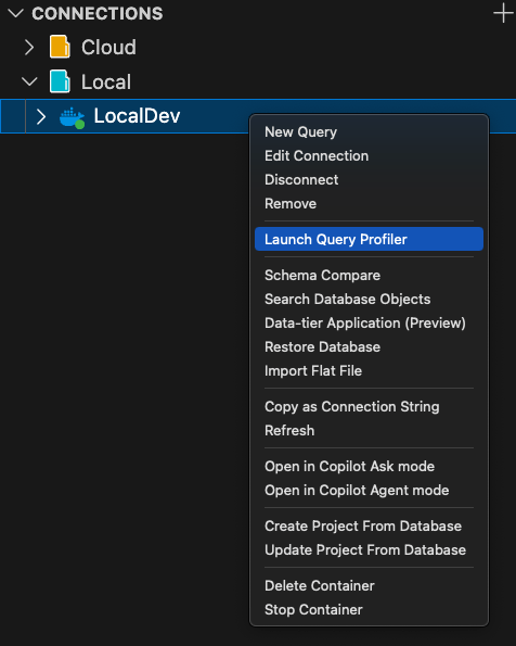 Schermopname van de optie Query profiler starten in het contextmenu Verbindingen.