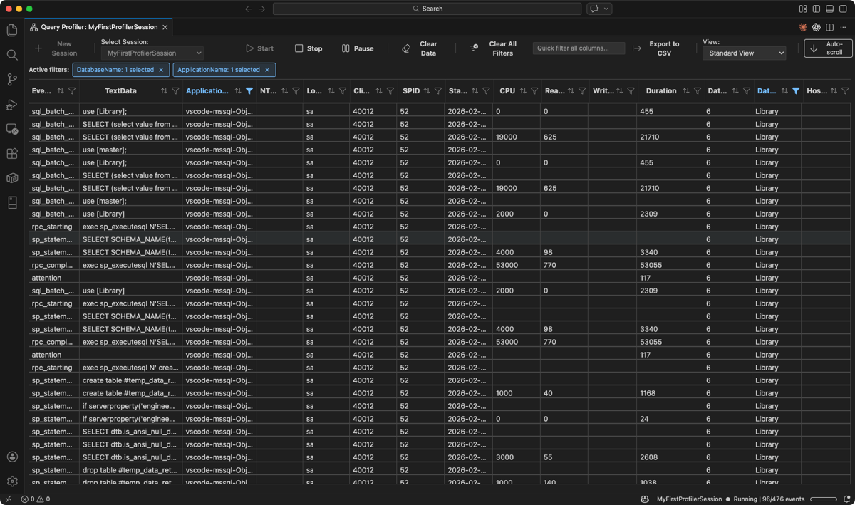 Schermopname van actieve filterchips waarop DatabaseName- en ApplicationName-filters zijn toegepast.