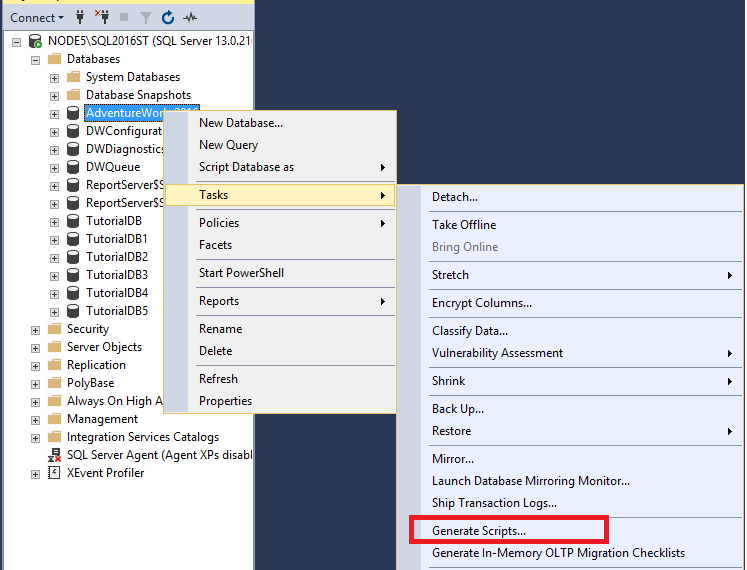 Schermopname van Scripts genereren voor databases.