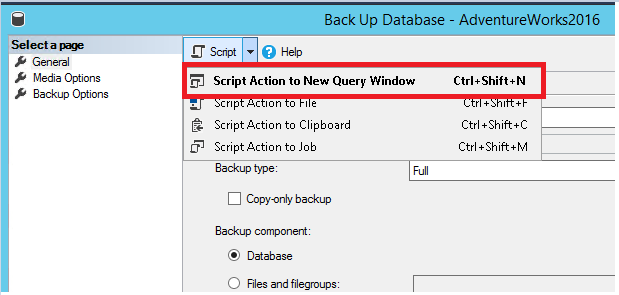 Schermopname van de back-upactie scriptdatabase.
