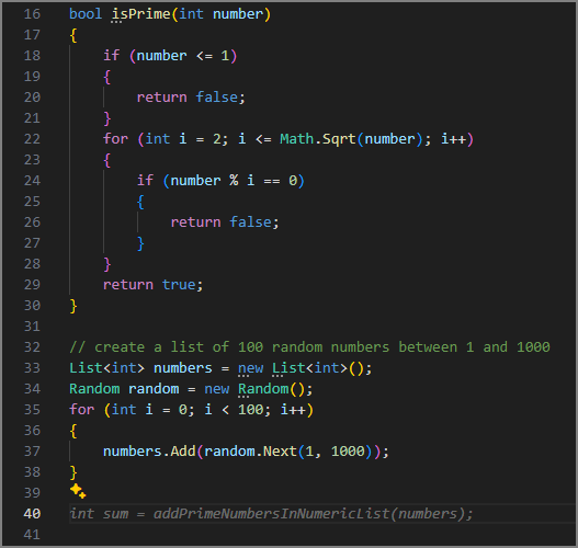Schermafbeelding met GitHub Copilot suggesties voor een methode-aanroep.