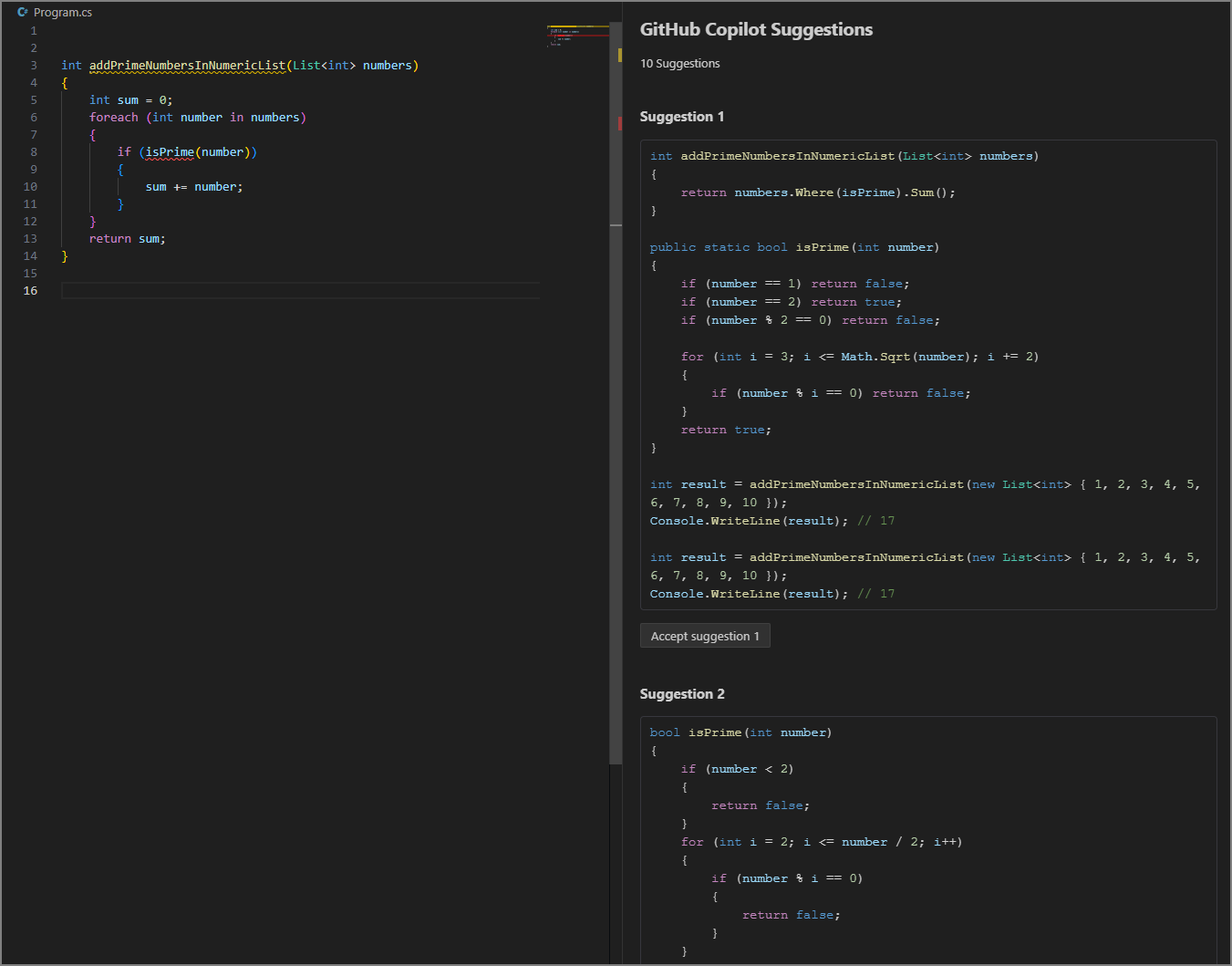 Schermafbeelding met het tabblad GitHub Copilot Suggesties.