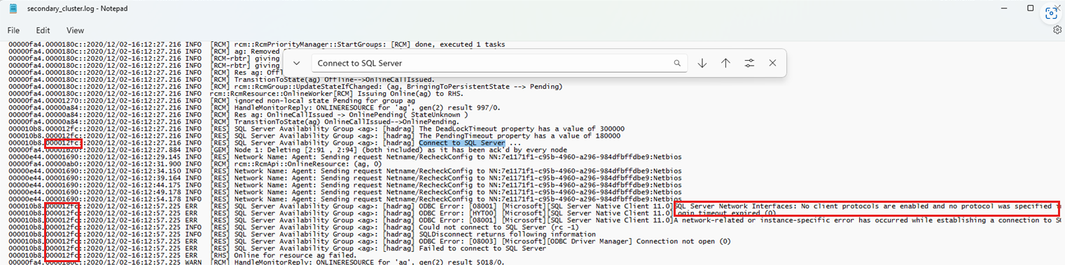 Schermopname van het clusterlogboek met verbinding met SQL en de threadID.